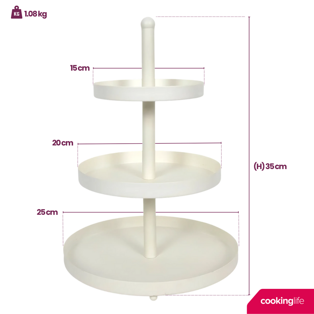Cookinglife Etagère metaal creme ø 15, 20 & 25 cm - 3-laags - 35 cm hoog