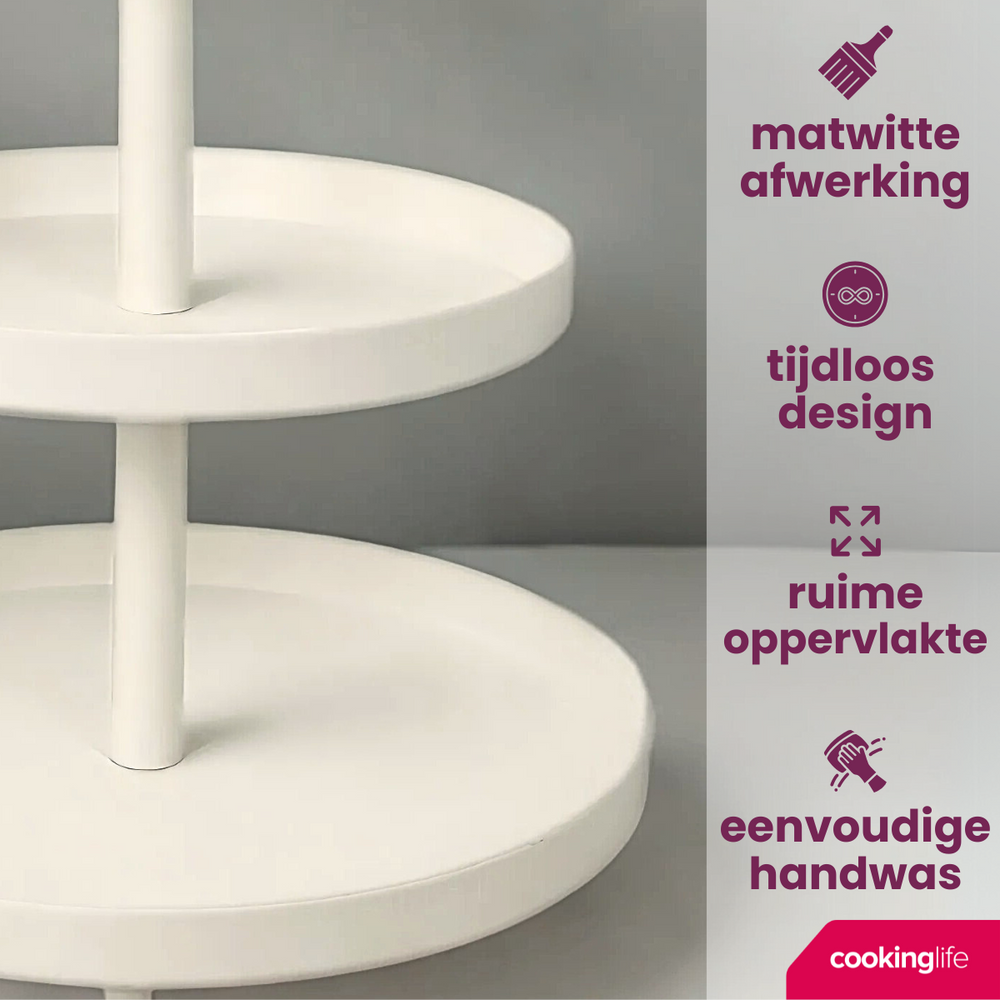 Cookinglife Etagère metaal creme ø 15, 20 & 25 cm - 3-laags - 35 cm hoog