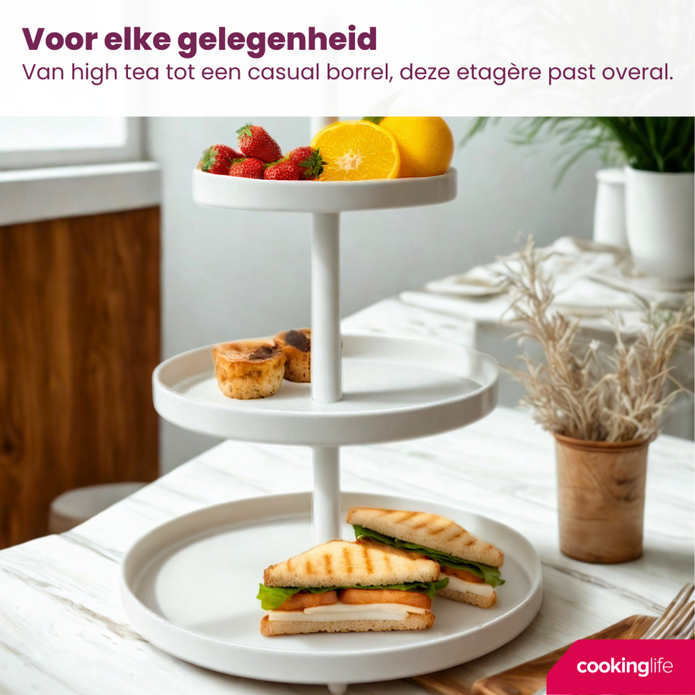 Cookinglife Etagère metaal creme ø 15, 20 & 25 cm - 3-laags - 35 cm hoog