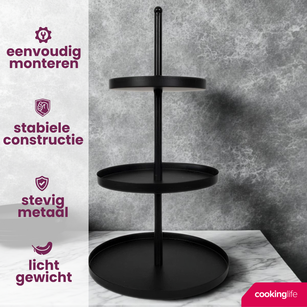 Cookinglife Etagère metaal zwart ø 20, 25 & 30 cm - 3-laags - 55 cm hoog