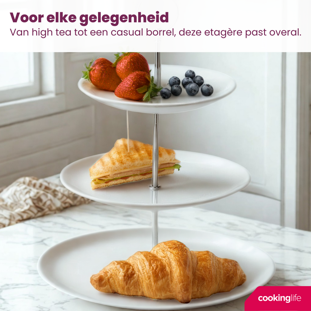 Cookinglife Etagère / serveertoren Food for Fun ø 16, 21 & 26 cm - 3-laags - 34 cm hoog