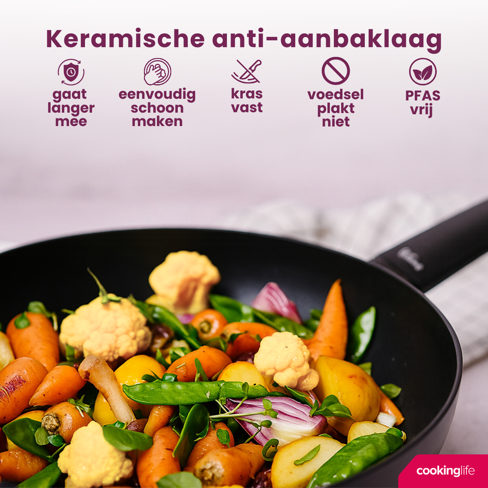 Cookinglife Wokpan Black Cera ø 28 cm - geschikt voor alle warmtebronnen - keramische anti-aanbaklaag