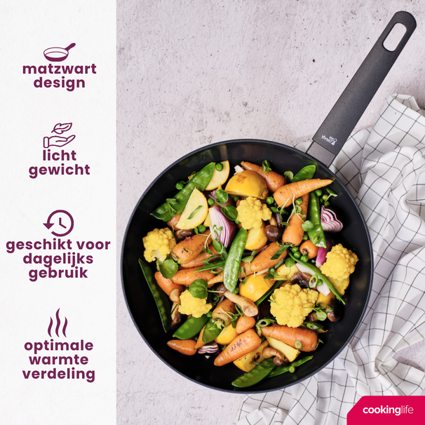 Cookinglife Wokpan Black Cera ø 28 cm - geschikt voor alle warmtebronnen - keramische anti-aanbaklaag