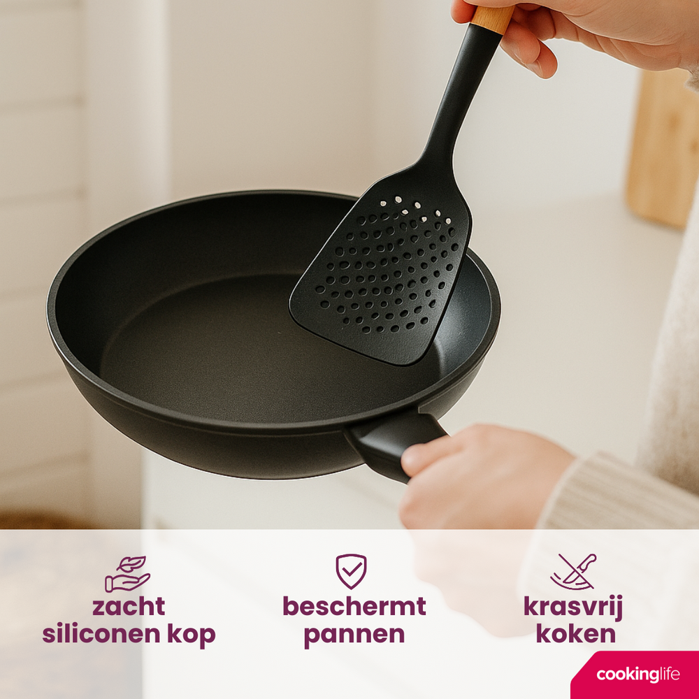 Cookinglife Keukengerei set - Kookgerei set - hout zwart 4 delig - Schuimspaan, soeplepel, bakspaan & opscheplepel
