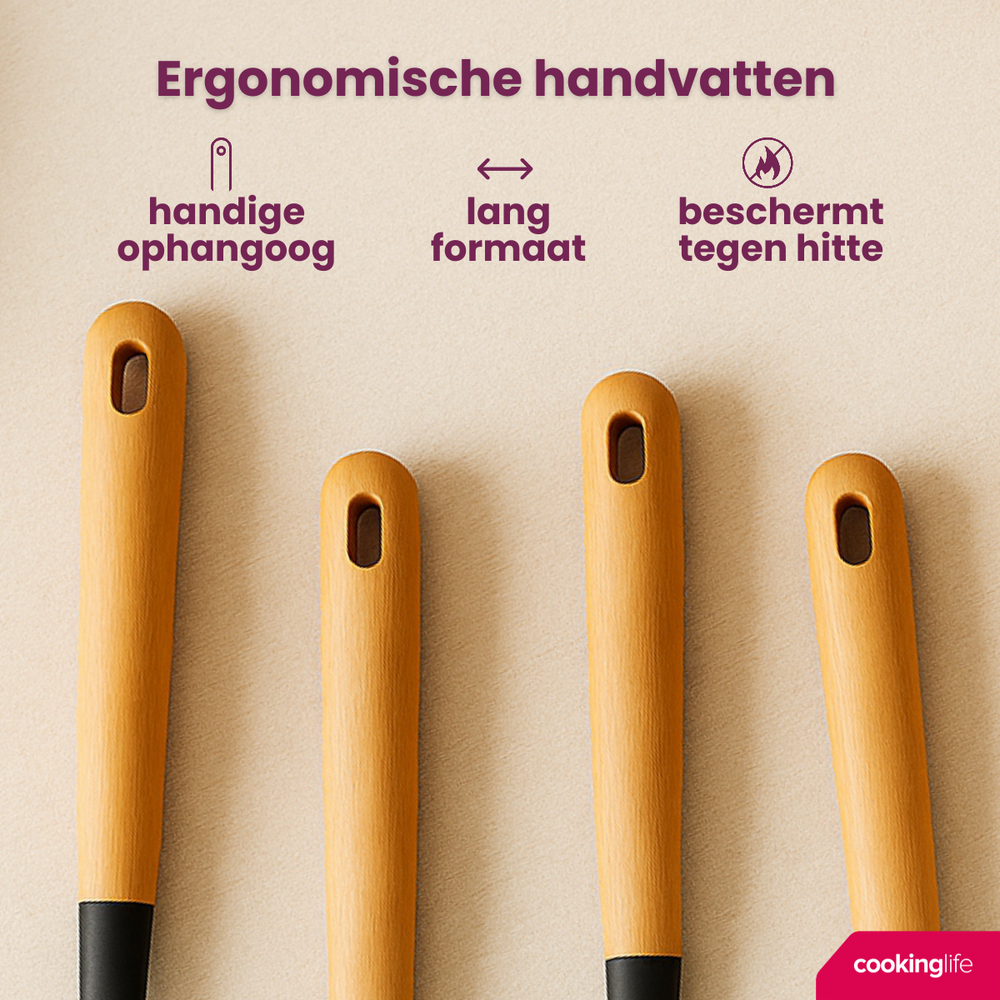 Cookinglife Keukengerei set - Kookgerei set - hout zwart 4 delig - Schuimspaan, soeplepel, bakspaan & opscheplepel