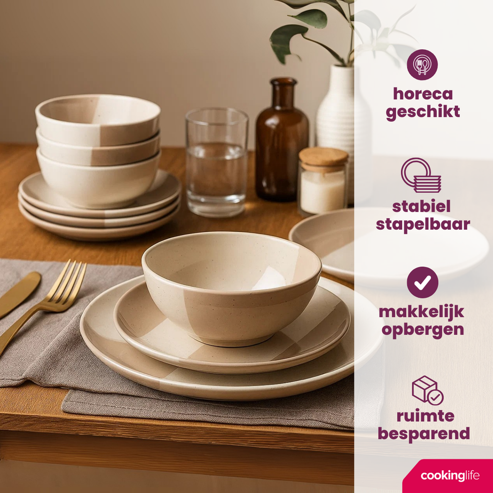 Cookinglife Serviesset Leem 18-delig / 6 personen - 6 dinerborden, 6 ontbijtborden en 6 kommen