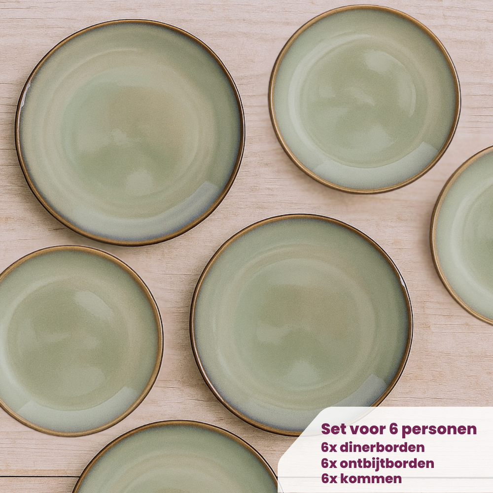 Cookinglife Serviesset Sabi Groen 18-delig / 6 personen - 6 dinerborden, 6 ontbijtborden en 6 kommen