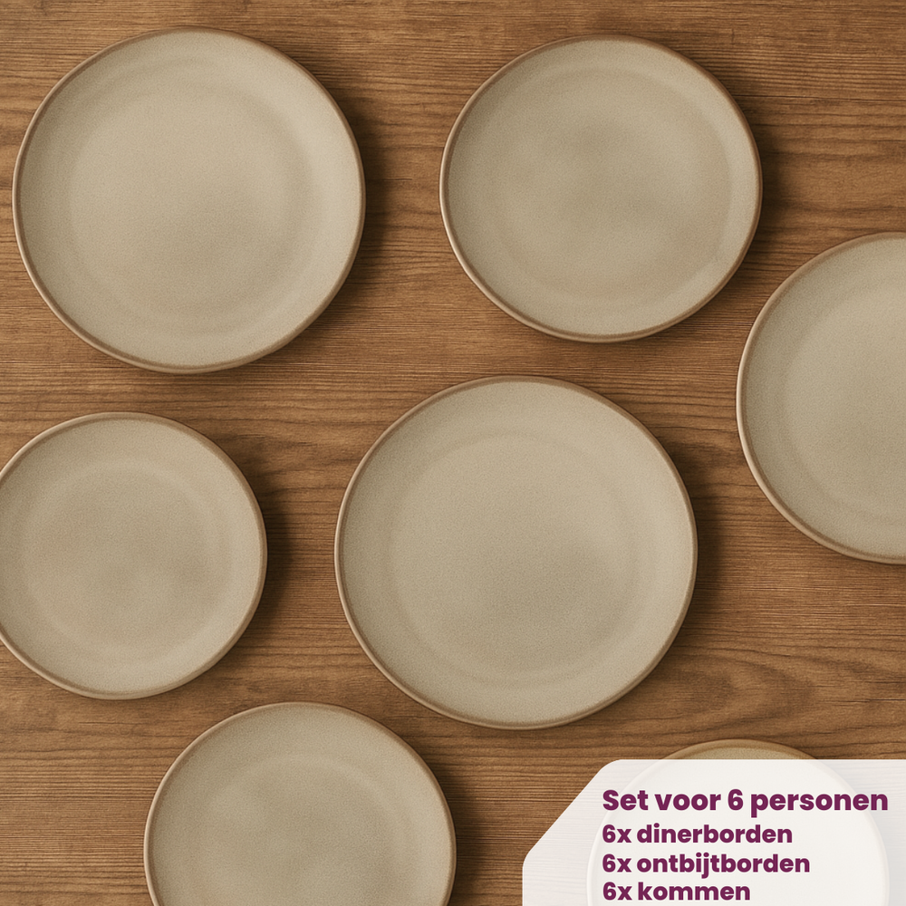 Cookinglife Serviesset Sabi Beige 18-delig / 6 personen - 6 dinerborden, 6 ontbijtborden en 6 kommen