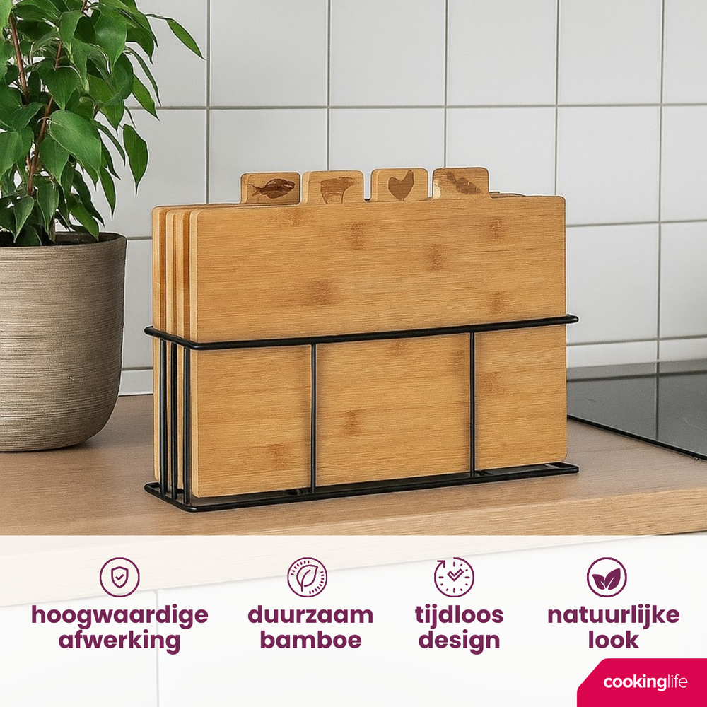 Cookinglife Snijplankenset Bamboe met houder 5-delig