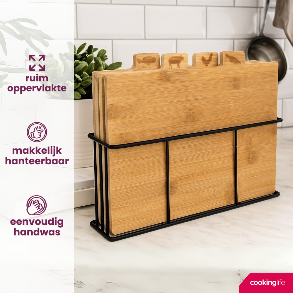 Cookinglife Snijplankenset Bamboe met houder 5-delig