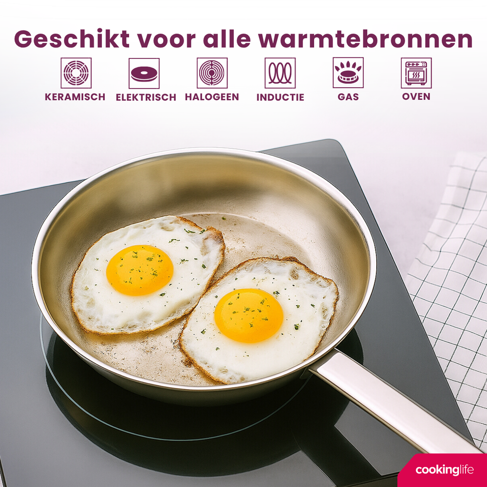 Cookinglife Koekenpan Superior Triply RVS ø 24 cm - geschikt voor alle warmtebronnen - zonder anti-aanbaklaag