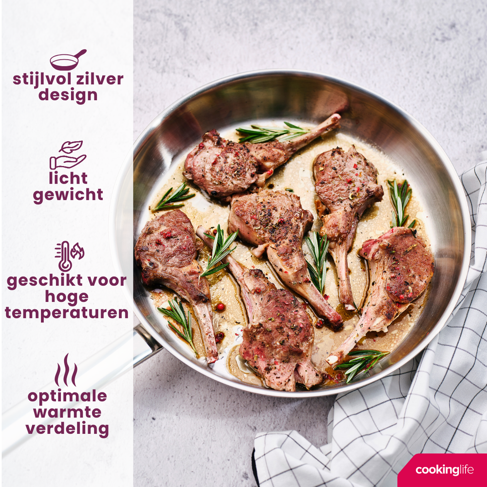 Cookinglife Koekenpan Superior Triply RVS ø 28 cm - geschikt voor alle warmtebronnen - zonder anti-aanbaklaag