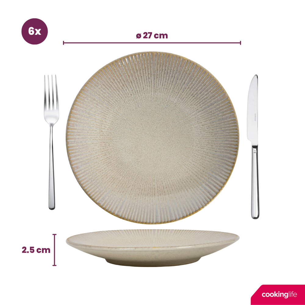 Cookinglife Serviesset Coastal Lines Ocean Beige 18-delig / 6 personen - 6 dinerborden, 6 ontbijtborden en 6 diepe borden