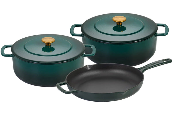Combekk Pannenset Gietijzer Holly Green 3-delig - Braadpan ø 24, 28 cm & Koekenpan ø 26 cm