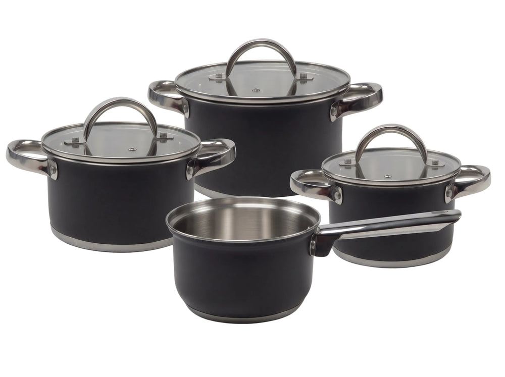 Cooking Pannenset Zwart 4-delig RVS - Kookpan ø 16, 18, 20 cm & Steelpan ø 16 cm - geschikt voor alle warmtebronnen