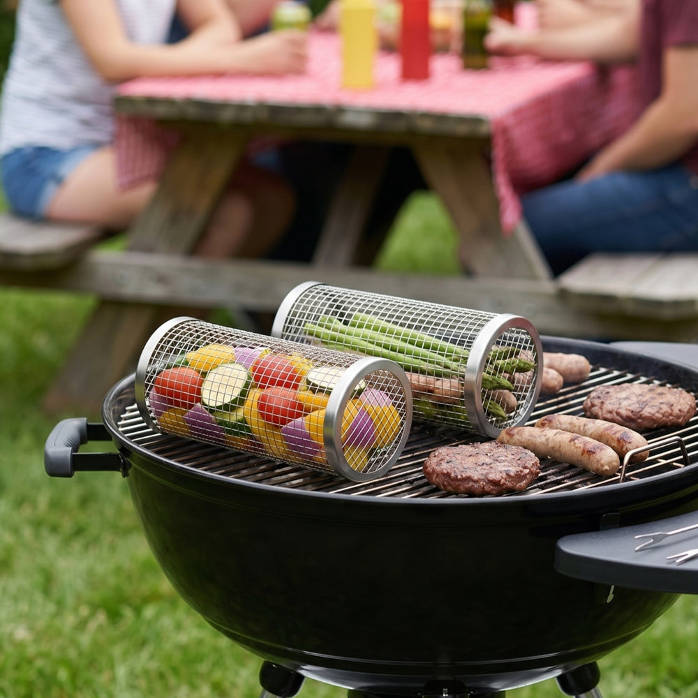 Cookinglife BBQ Rollende Grillmand RVS Ø 9 x 20 cm - Set van 2 stuks