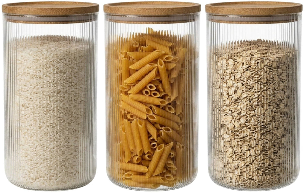 Cookinglife Voorraadpotten set Lines - Glas met Bamboe Deksel - ø 11 cm - 1750 ml - 3 stuks