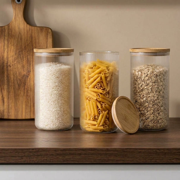 Cookinglife Voorraadpotten set Lines - Glas met Bamboe Deksel - ø 11 cm - 1750 ml - 3 stuks