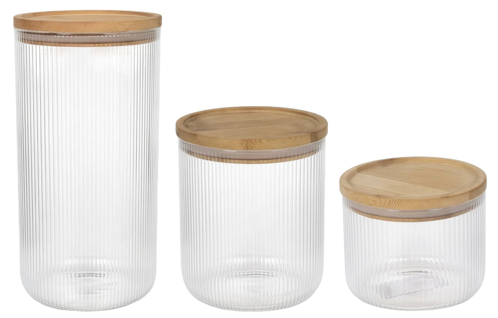 Cookinglife Voorraadpotten set Lines - Glas met Bamboe Deksel - 600 ml / 980 ml / 1750 ml - 3 stuks