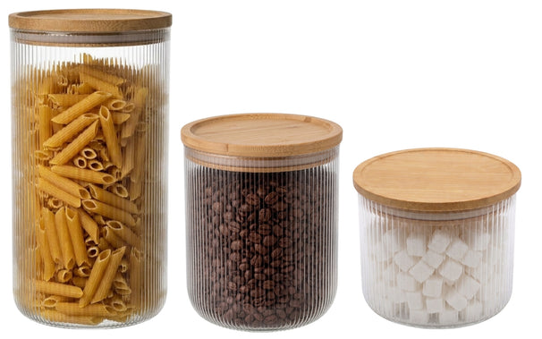 Cookinglife Voorraadpotten set Lines - Glas met Bamboe Deksel - 600 ml / 980 ml / 1750 ml - 3 stuks