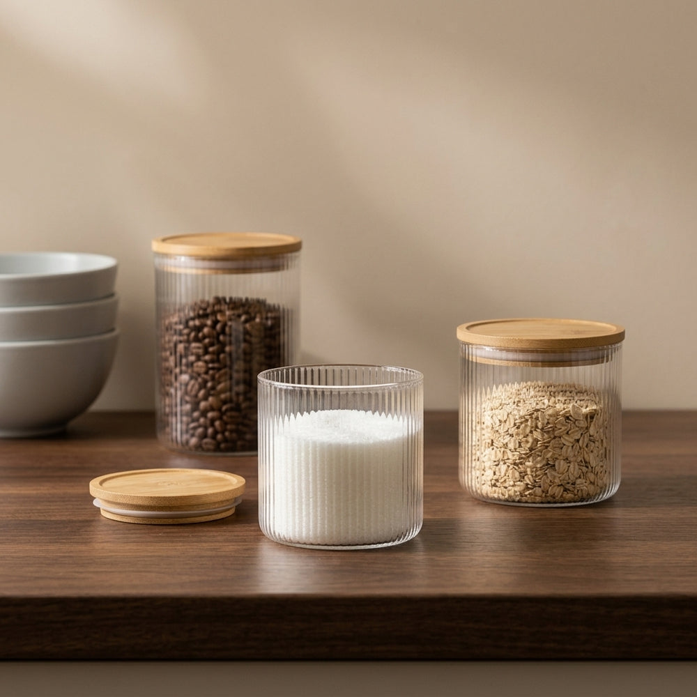 Cookinglife Voorraadpotten set Lines - Glas met Bamboe Deksel - 600 ml / 980 ml / 1750 ml - 3 stuks