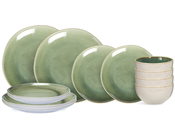 Cookinglife Serviesset Serene Green 12-delig / 4 personen - 4 dinerborden, 4 ontbijtborden en 4 kommen