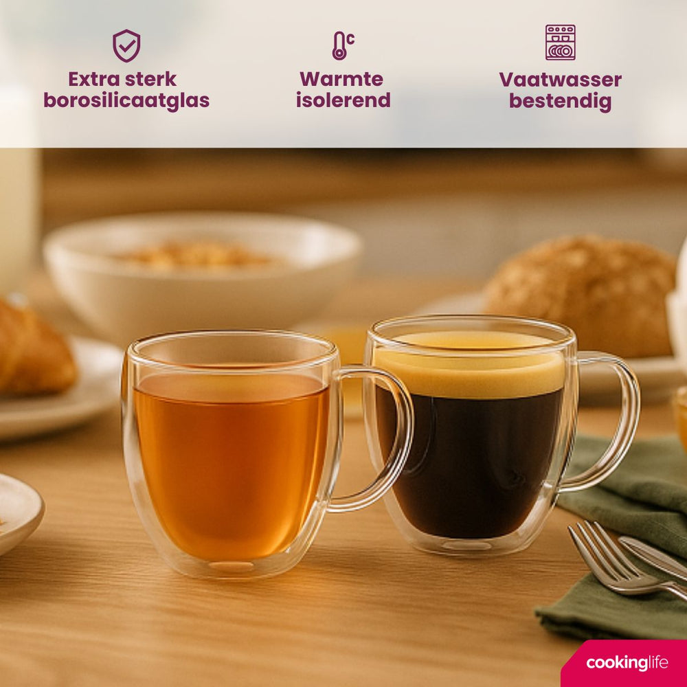 Cookinglife Dubbelwandige Koffie- / theeglazen met oor 280 ml - 2 stuks