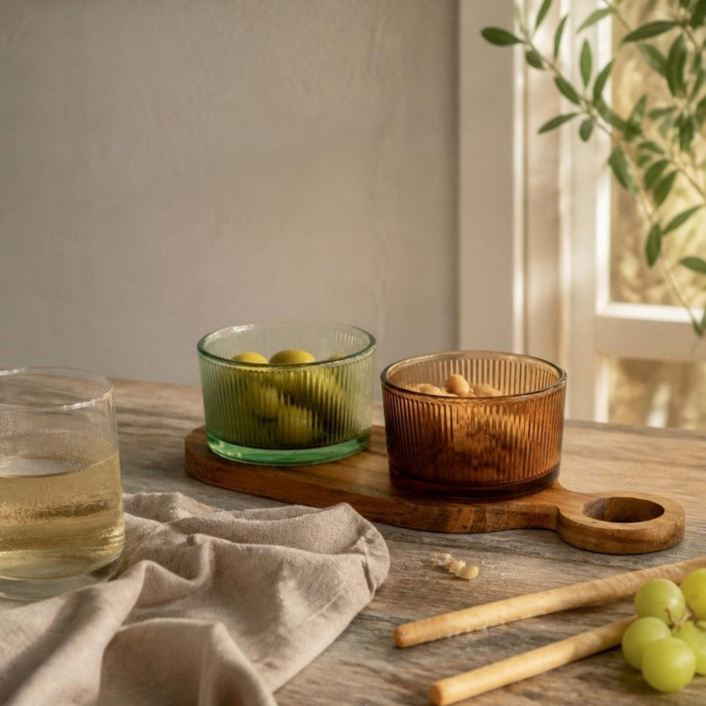 Cosy & Trendy Borrelplank met Glazen Schaaltjes Soluna 3-delig - Acaciahout - 27.5 x 10 cm