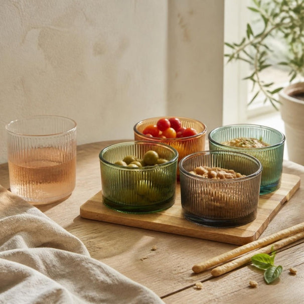 Cosy & Trendy Borrelplank met Glazen Schaaltjes Soluna 5-delig - Acaciahout - 20 x 20 cm