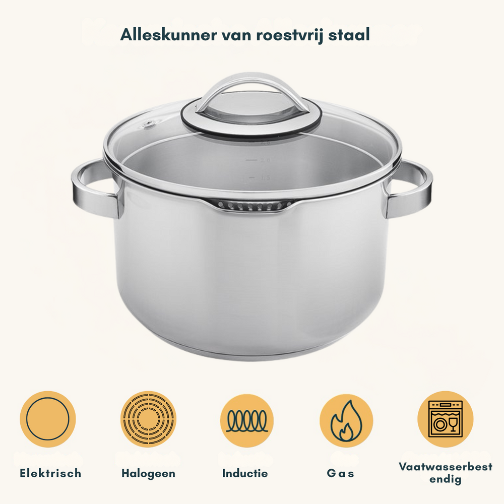 Sola Pannenset Diamond 4-Delig RVS - Downdraft geschikt - Kookpan ø 16, 18, 20 cm & Steelpan ø 16 cm - geschikt voor alle warmtebronnen