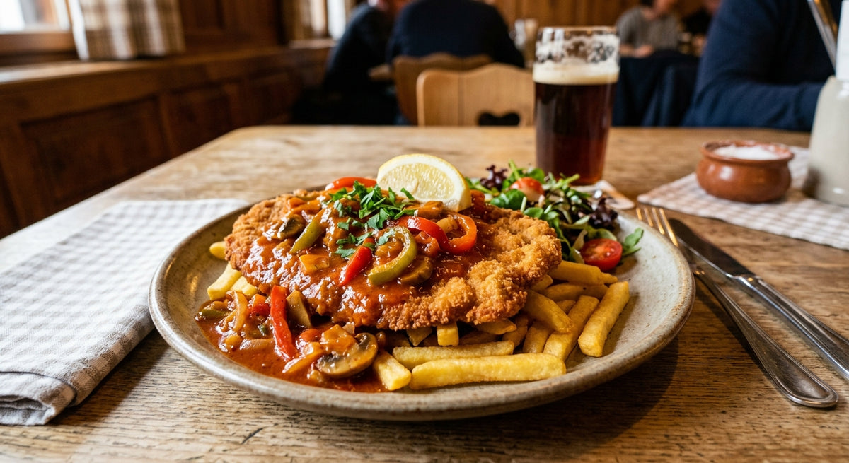 Knapperig gepaneerde schnitzel met een pittige paprikasaus