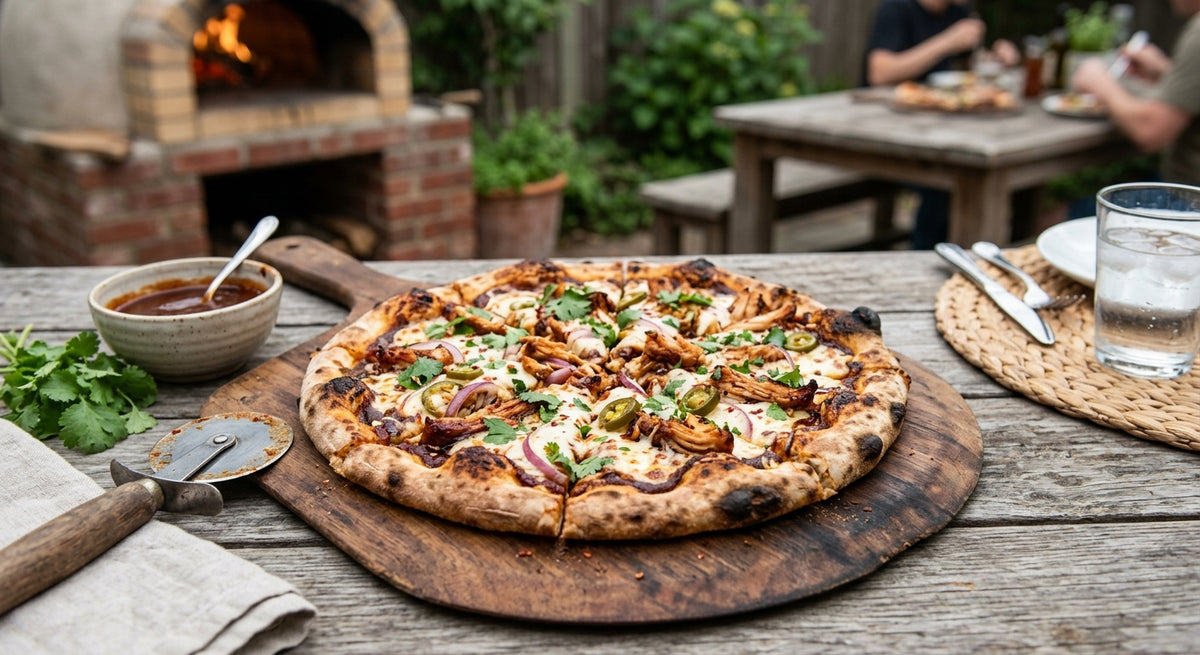 Deeg, tomatensaus en mozzarella, gebakken op een pizzasteen op je houtskoolbarbecue.