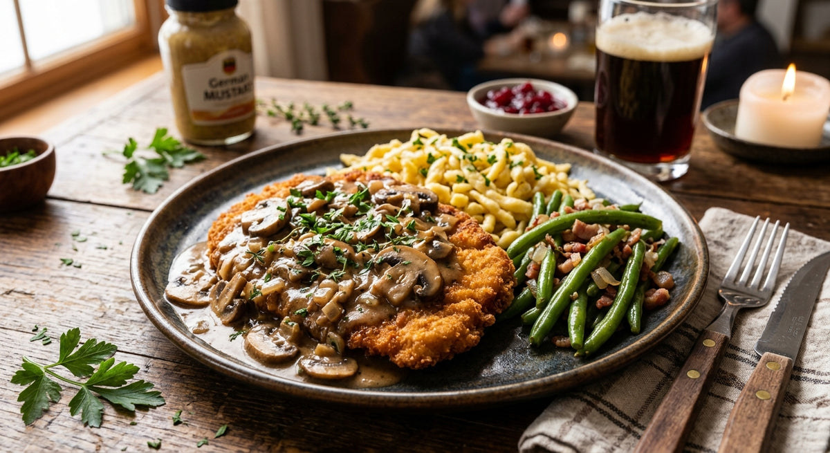 Knapperige schnitzel met een rijke, hartige champignonsaus