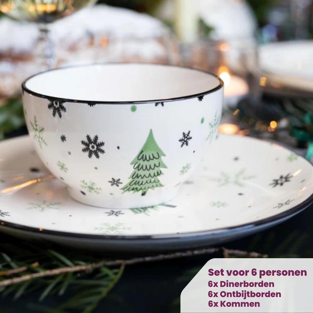Cookinglife Serviesset - Kerstservies - Aardewerk - Groen 18-delig / 6 personen - 6 dinerborden, 6 ontbijtborden & 6 kommen