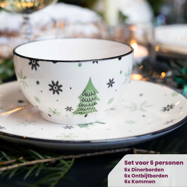 Cookinglife Serviesset - Kerstservies - Aardewerk - Groen 18-delig / 6 personen - 6 dinerborden, 6 ontbijtborden & 6 kommen