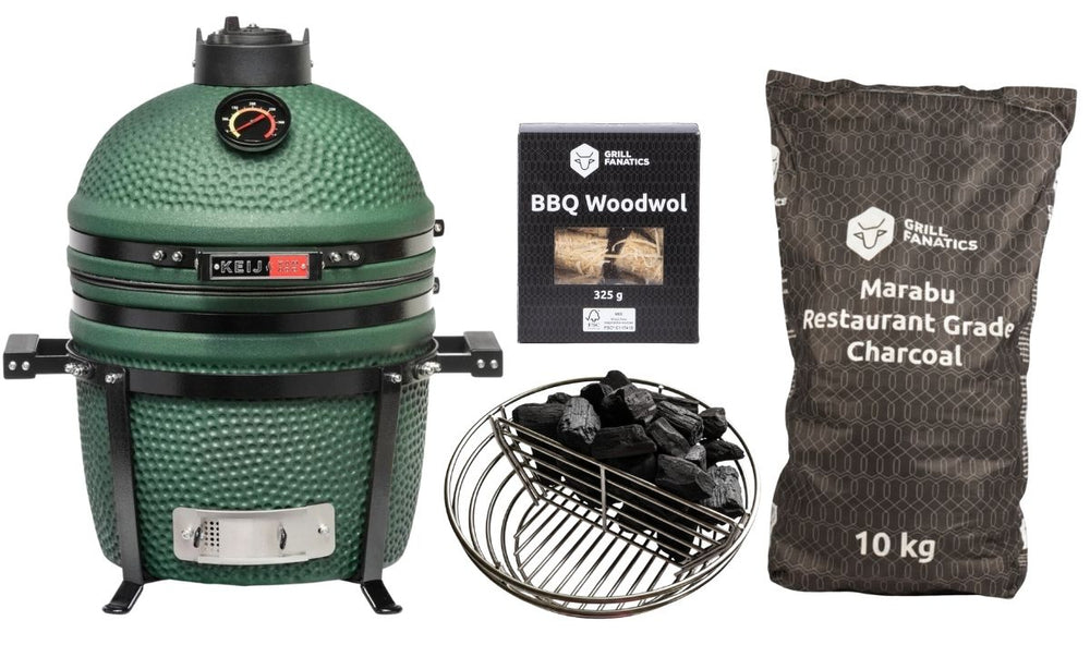 Keij Kamado BBQ Startersset - Legend Compact Green 15 inch - met Houtskool, Aanmaakwokkels & Kolenmand