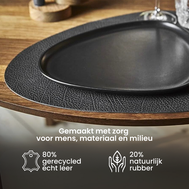 LIND DNA Placemats Hippo - Leer - Black Anthracite - Curved - Afwasbaar - 44 x 37 cm - 2 Stuks