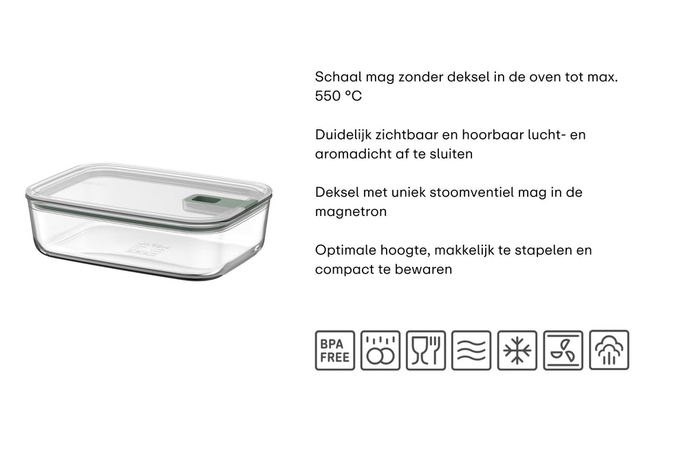 Mepal Ovenschaal / Lasagneschaal met deksel EasyClip Nordic Sage - Glas - 1.5 liter