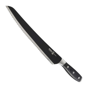 Messermeister Brisketmes Vleesmes Gekarteld Avanta BBQ 25 cm met zwart titanium lemmet, vrijstaand op witte achtergrond