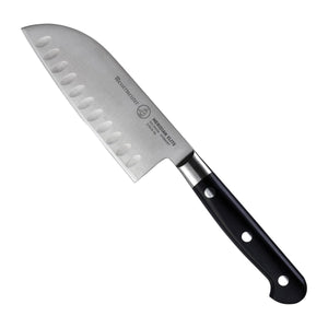 Messermeister Santokumes met Kuiltjes Meridian Elite 13 cm met zwart heft, vrijstaand op witte achtergrond