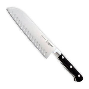 Messermeister Santokumes met Kuiltjes Meridian Elite 18 cm met zwart heft, vrijstaand op witte achtergrond