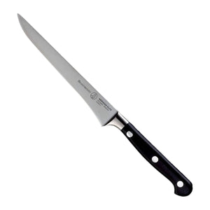 Messermeister Uitbeenmes Flexibel Meridian Elite 15 cm met zwart heft, vrijstaand op witte achtergrond
