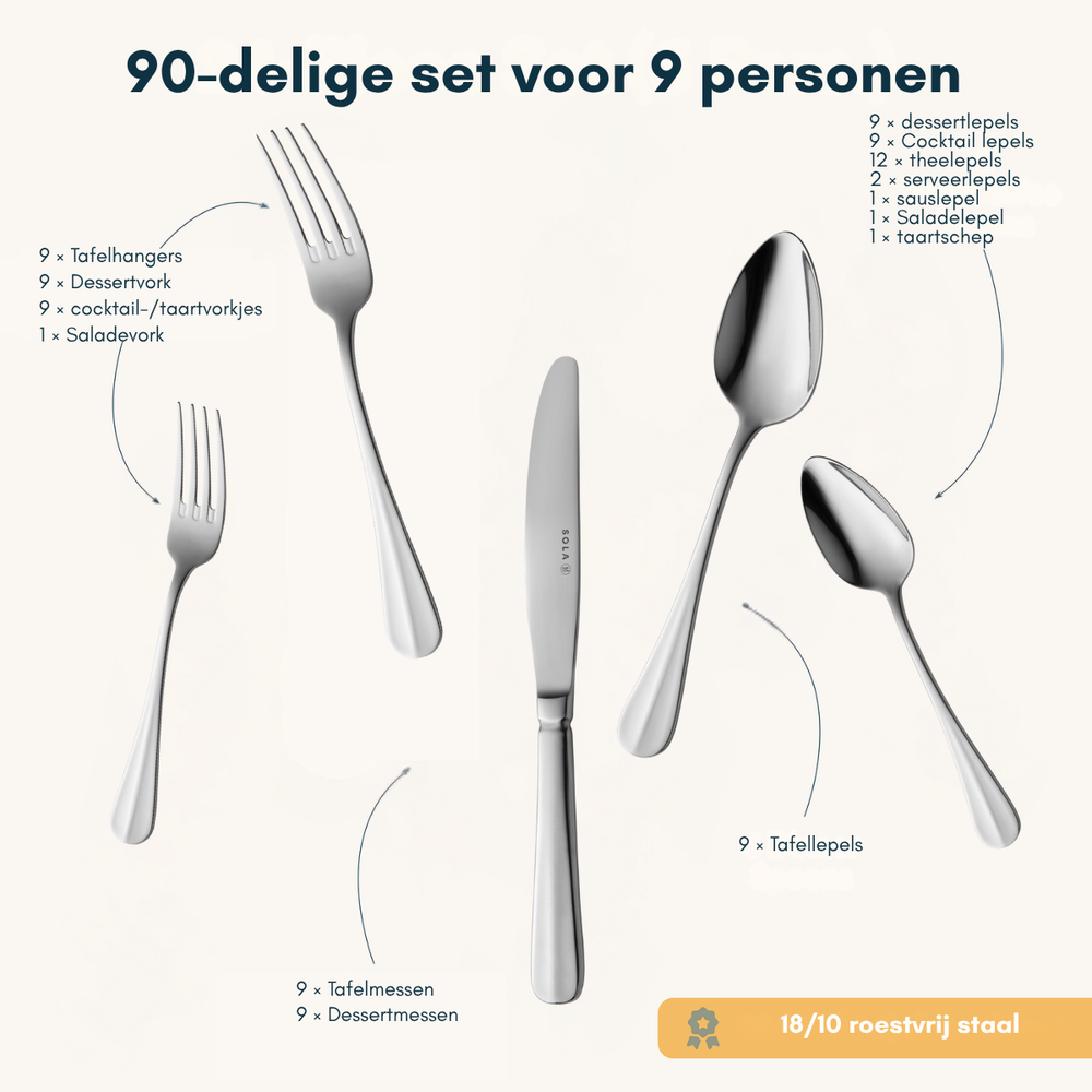 Sola Bestekset Hollands Glad - 18/10 RVS  - 90 delig / 9 personen
