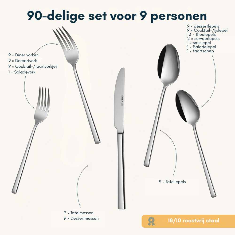 Sola Bestekset Luxor - 18/10 RVS - 90 delig / 9 personen