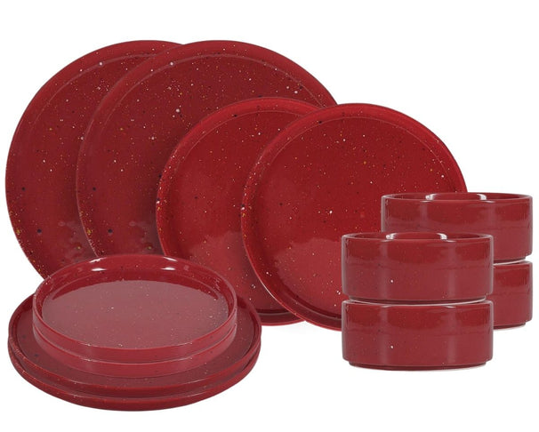 ONA Serviesset Fika Burgundy 12-delig / 4 personen - 4 dinerborden, 4 ontbijtborden en 4 kommen