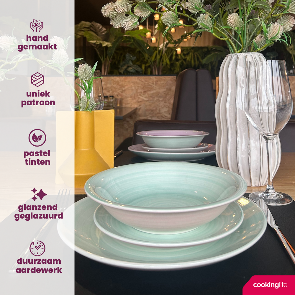 Cookinglife Serviesset Pastel Harmony 18-delig / 6 personen - 6 dinerborden, 6 ontbijtborden en 6 diepe borden