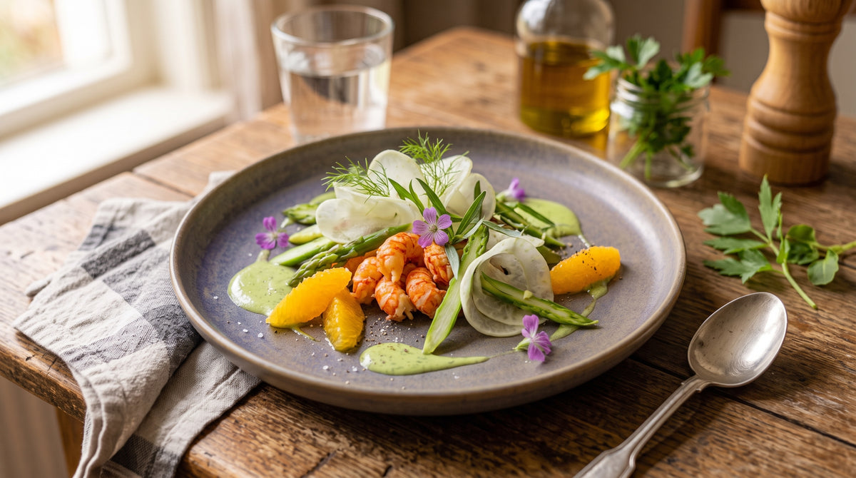 Verfijnd bord met zoete kreeft, knapperige asperges en frisse citrus