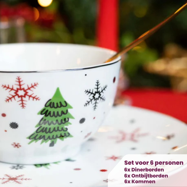 Cookinglife Serviesset - Kerstservies - Porselein - Rood 18-delig / 6 personen - 6 dinerborden, 6 ontbijtborden & 6 kommen