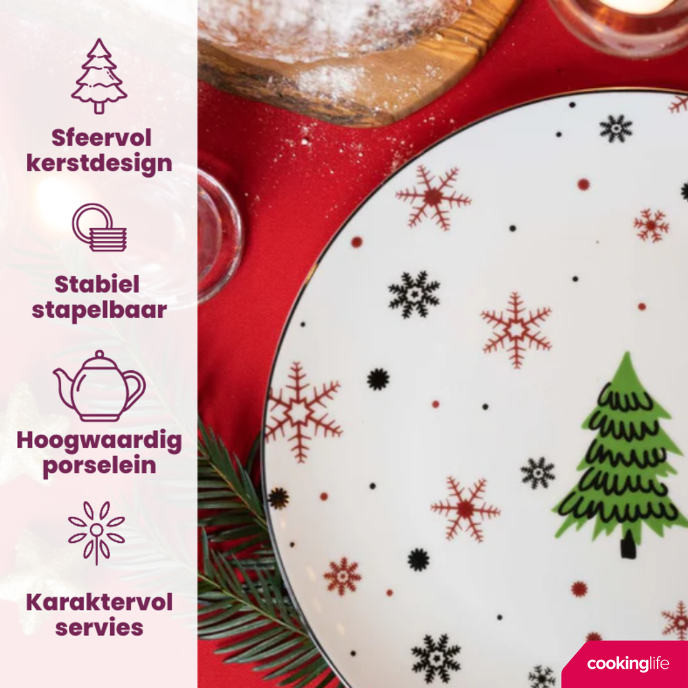 Cookinglife Serviesset - Kerstservies - Porselein - Rood 18-delig / 6 personen - 6 dinerborden, 6 ontbijtborden & 6 kommen