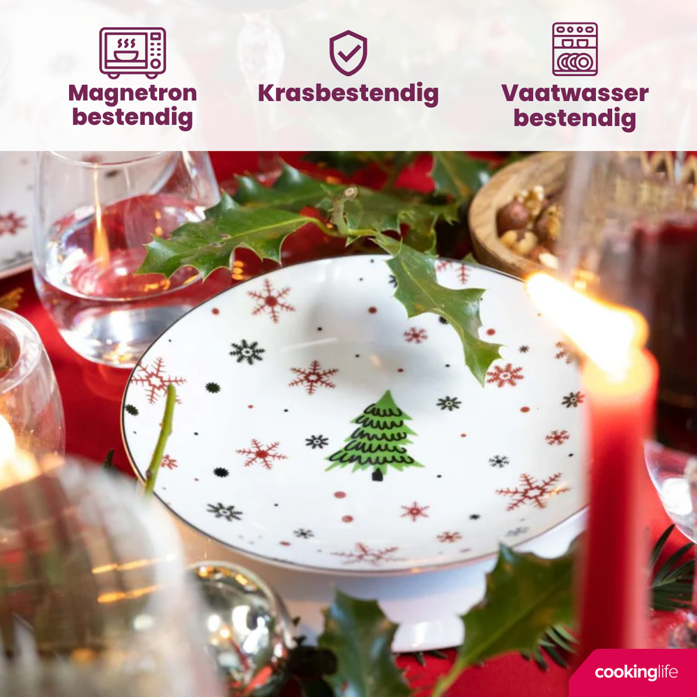Cookinglife Serviesset - Kerstservies - Porselein - Rood 18-delig / 6 personen - 6 dinerborden, 6 ontbijtborden & 6 kommen